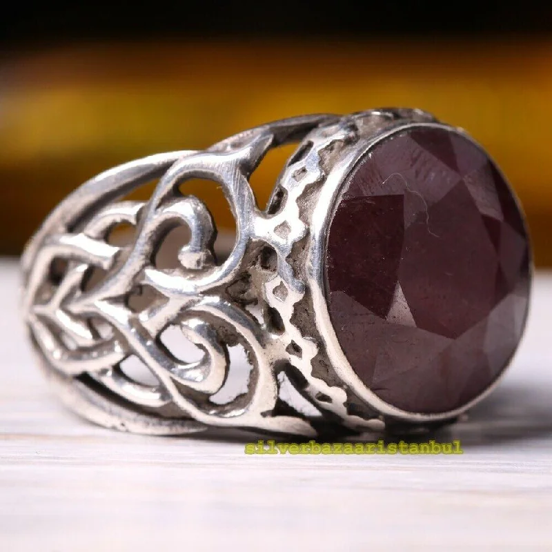 925 Sterling Silver Round Natural Ruby Red Stone New Mens Ring