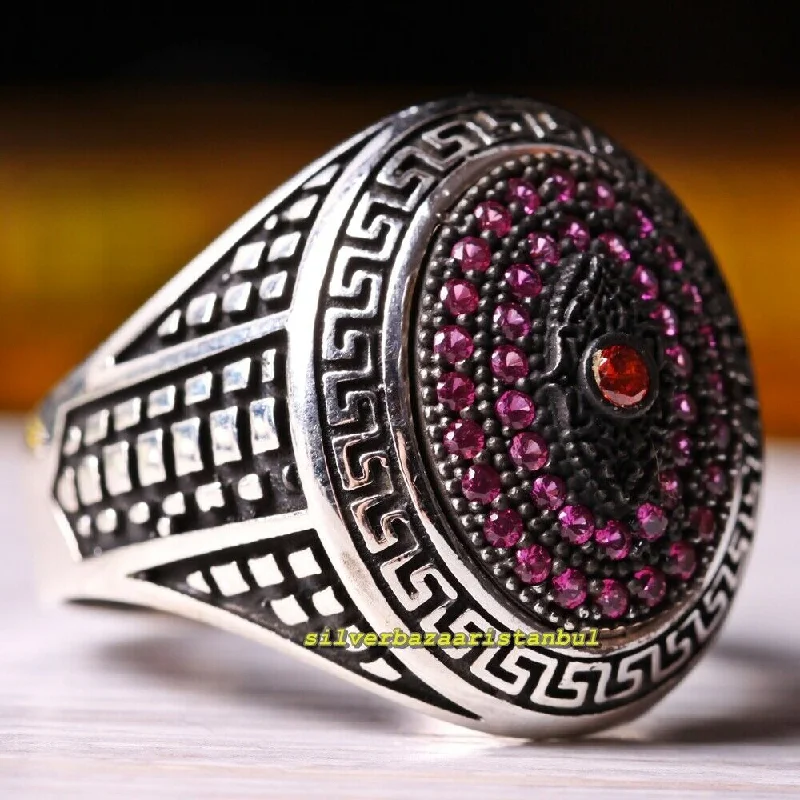 925 Sterling Silver Ruby Red Oval Stone Mens Ring