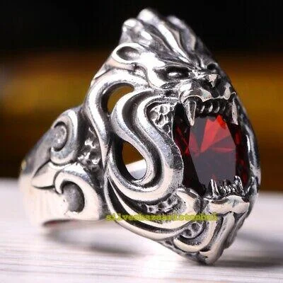 925 Sterling Silver Ruby Stone Angry King Lion Mens Ring