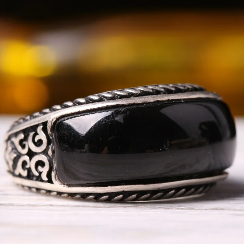 925 Sterling Silver Silver Luxury Onyx Stone Mens Ring