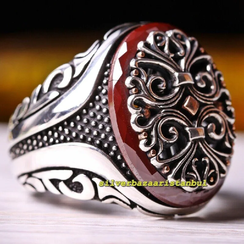 925 Sterling Silver Special Original Agate Aqeeq Stone Mens Ring