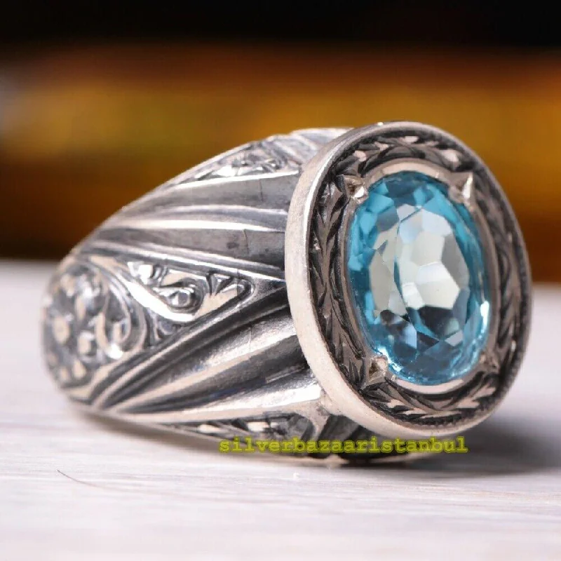 925 Sterling Silver Too Bright Natural Topaz Stone Mens Ring