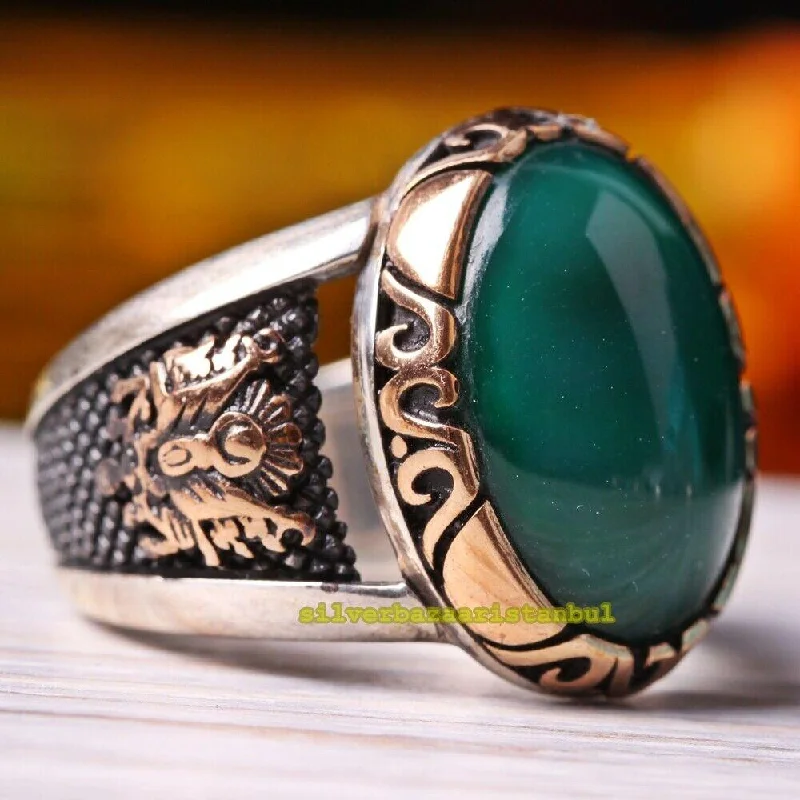 925 Sterling Silver Turkish Jewelry Ottoman Agate Aqeeq Stone Mens Ring