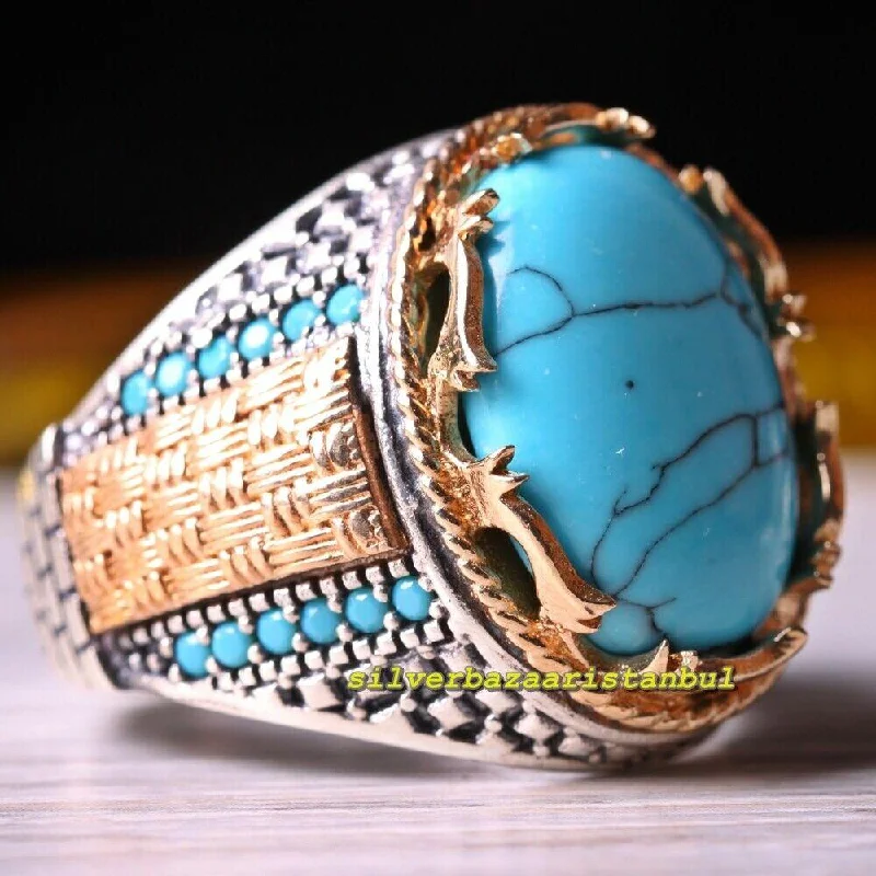 925 Sterling Silver Vein Shape Turquoise Stone Mens Ring