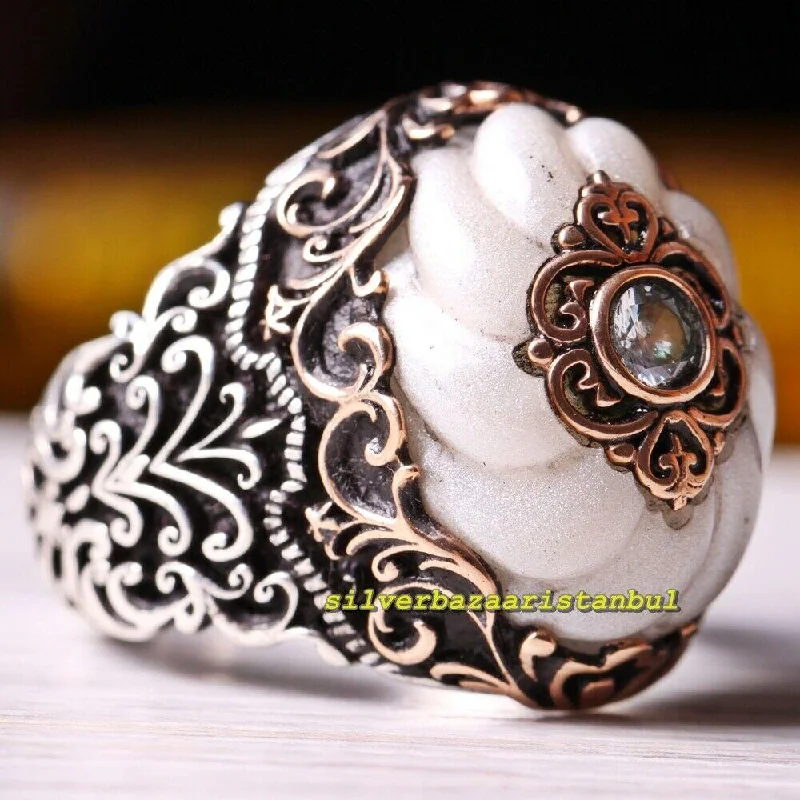 925 Sterling Silver White Agate Aqeeq and Zircon Stone Mens Ring