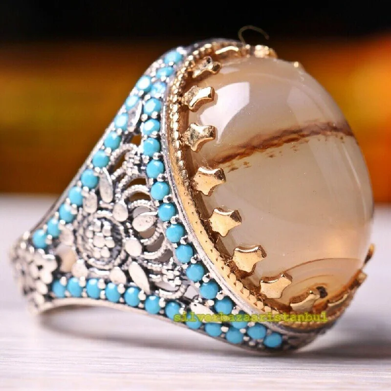 925 Sterling Silver Yemeni Agate Aqeeq and Turquoise Stone Mens Ring