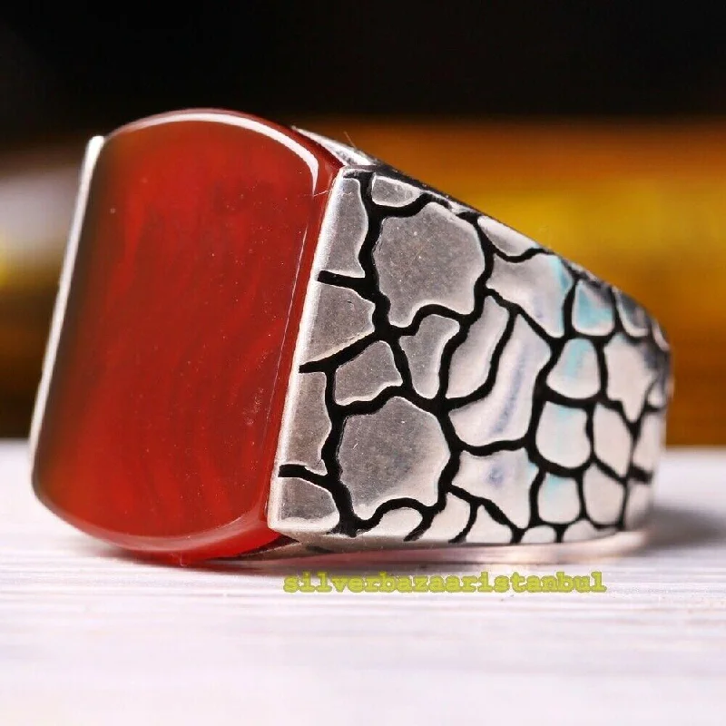 925 Sterling silver Zigzag Agate Aqeeq Stone Mens Ring