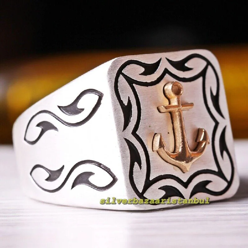 Anchor Design No Stone Handmade Luxury 925 Sterling Silver Mens Ring