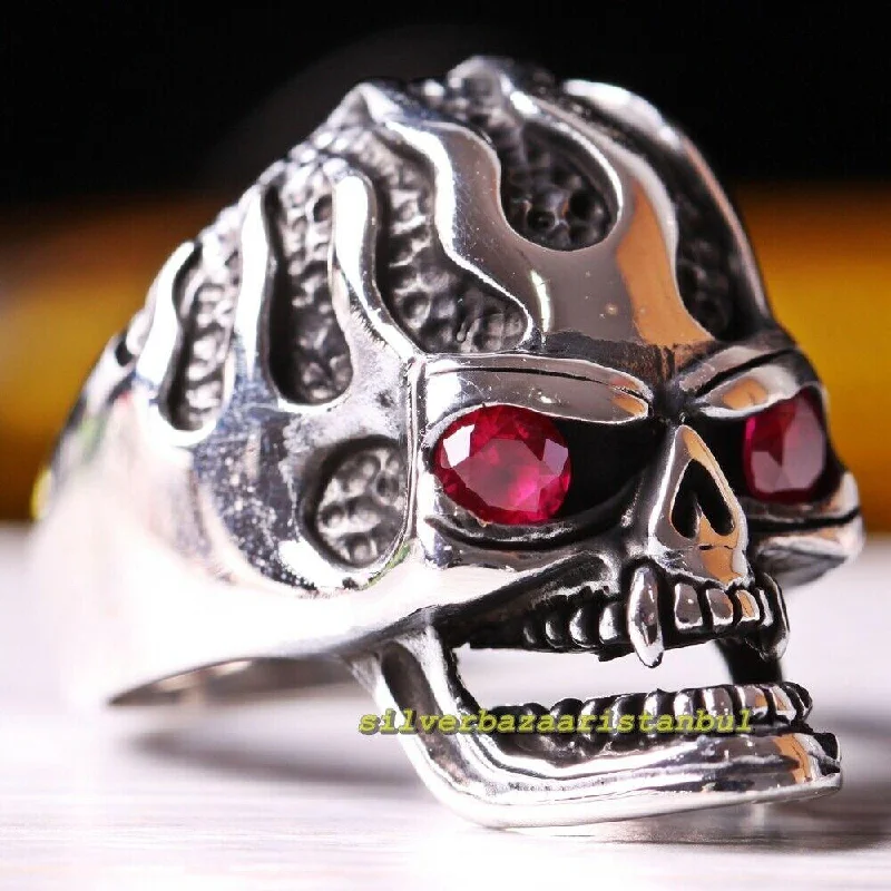 Angry Skull Gothic Ruby Stone 925 Sterling Silver Mens Ring