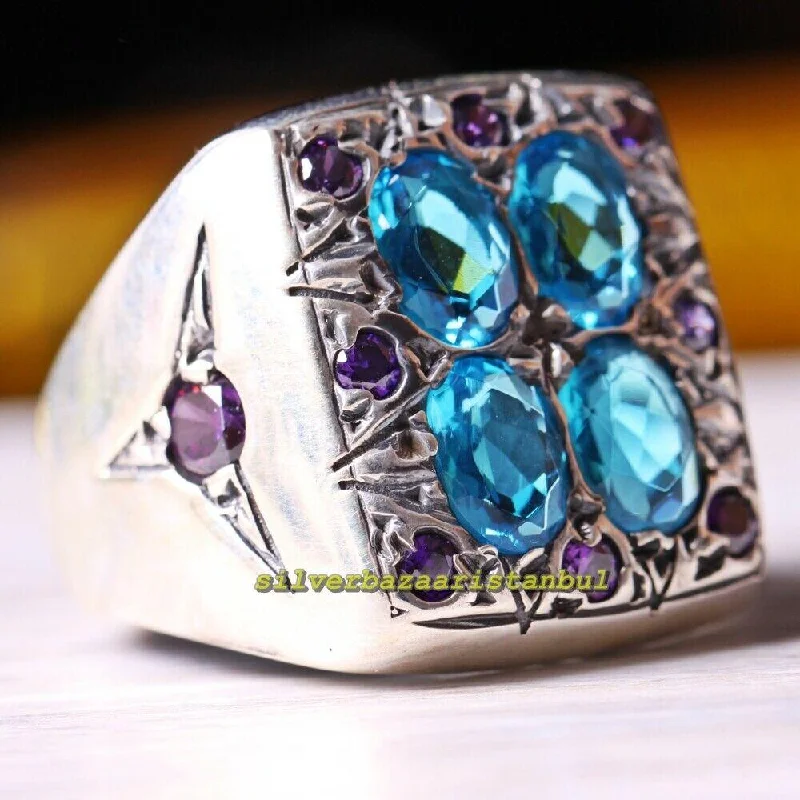 Aquamarine and Amethyst Stone Luxury 925 Sterling Silver Mens Ring