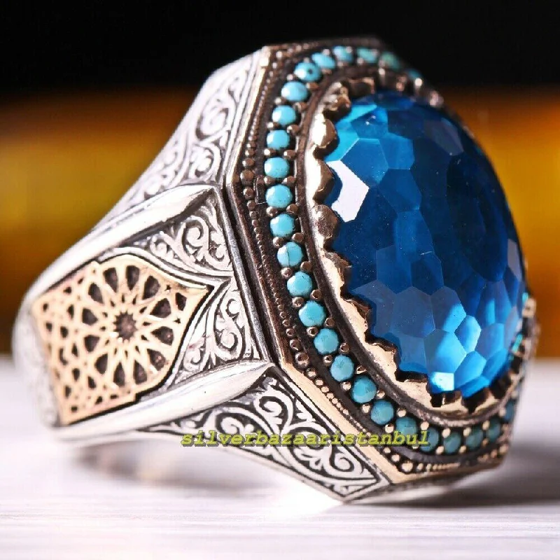 Aquamarine and Turquoise Stone 925 Sterling Silver Mens Ring