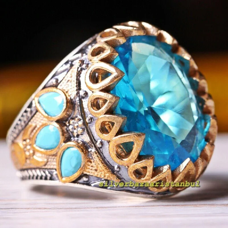 Aquamarine and Turquoise Stone Luxury 925 Sterling Silver Mens Ring