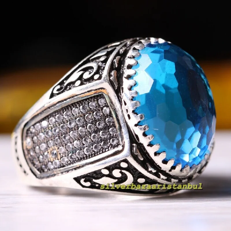 Aquamarine and Zircon Stone Handmade 925 Sterling Silver Mens Ring