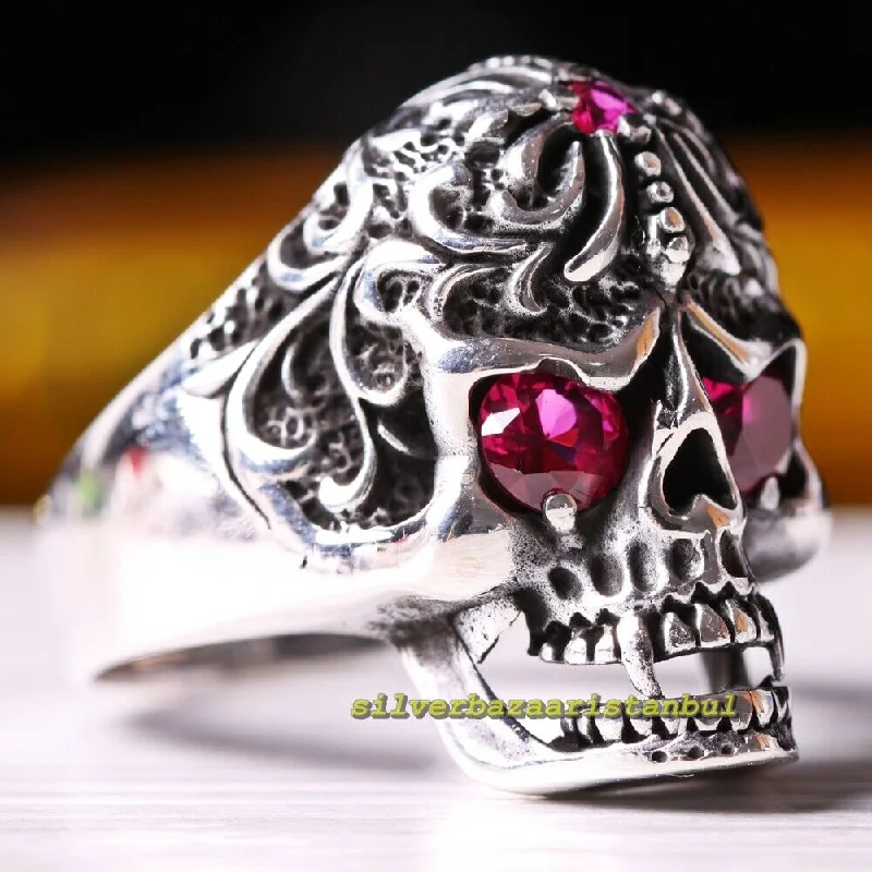 Authentic Skull Gothic Ruby Stone 925 Sterling Silver Mens Ring