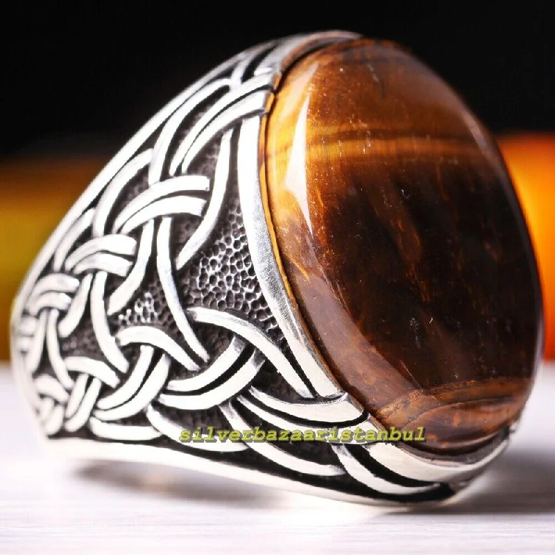 Big Heavy Natural Tigers Eye Stone 925 Sterling Silver Mens Ring