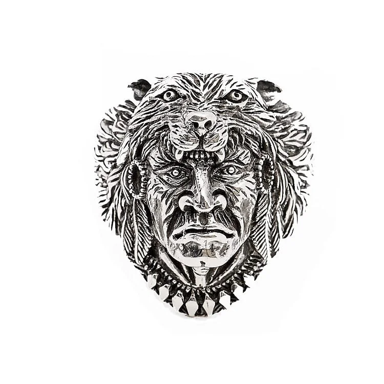 Biker Skull Ring Chunky 925 Sterling Silver Gothic Ring Native American Indian Chief Wolf Head