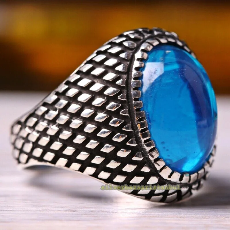 Blue Aquamarine Stone 925 Sterling Silver Mens Ring