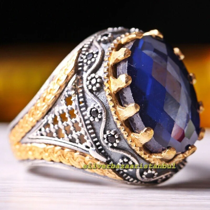 Blue Sapphire Onyx Stone Turkish Jewelry 925 Sterling Silver Mens Ring