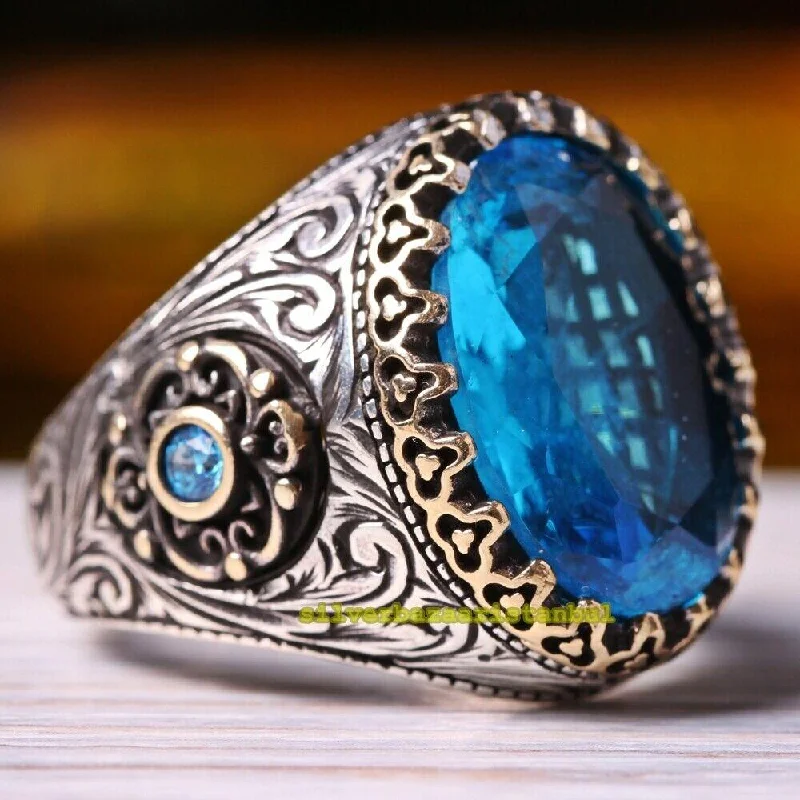 Bright Aquamarine Stone Turkish Jewelry 925 Sterling Silver Mens Ring