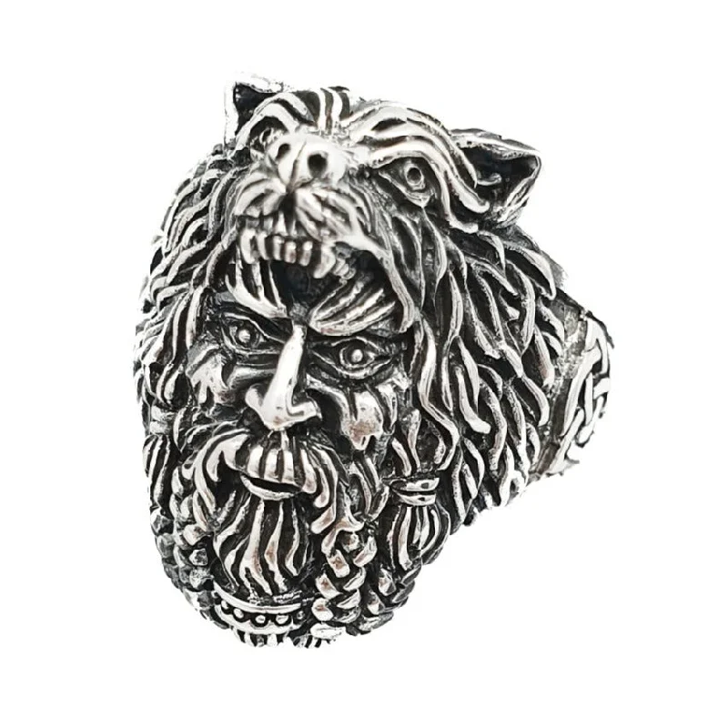 Mens Chunky 925 Sterling Silver Berserker Bear Warrior Viking Ring, Wolf Head Ring Biker Ring