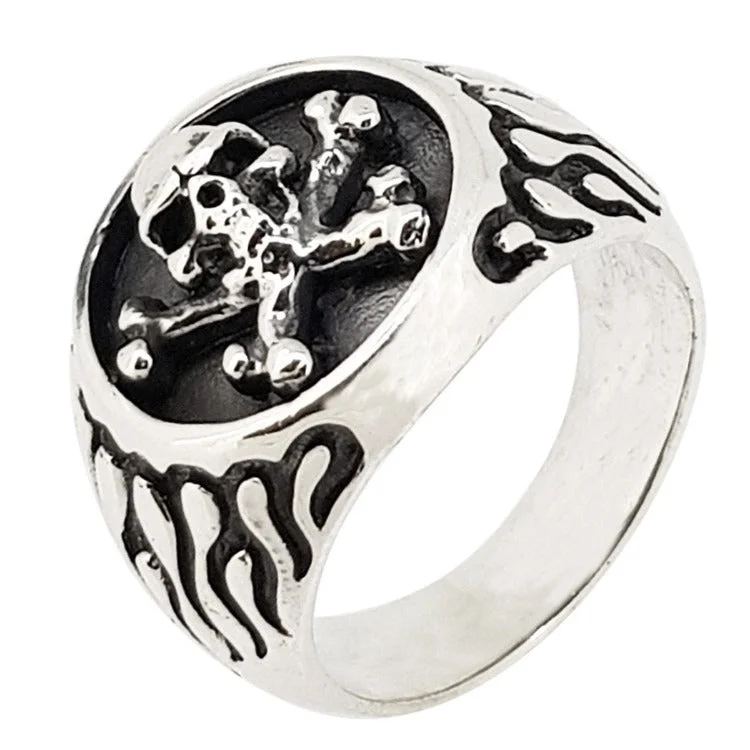 Chunky Skull and Cross Bones Silver Ring for Men, Biker Silver Ring