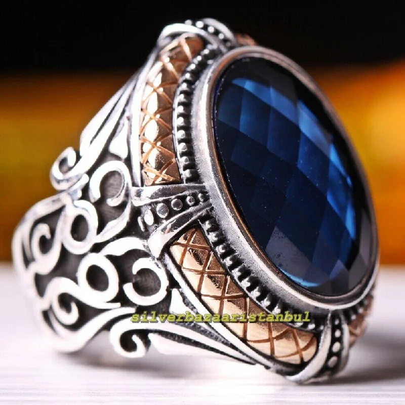 Claw Series Blue Sapphire Stone Handmade 925 Sterling Silver Mens Ring