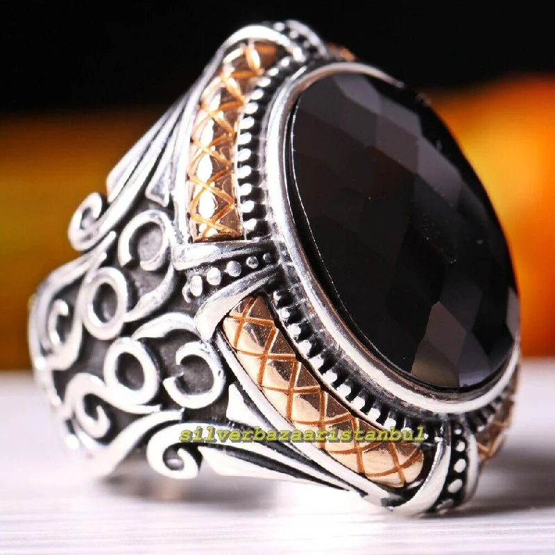 Claw Series Faceted Black Onyx Stone 925 Sterling Silver Mens Ring