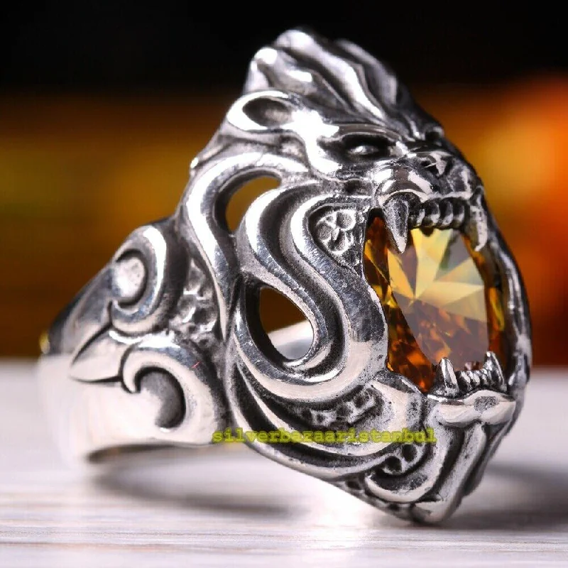 925 Sterling Silver Citrine Stone Angry King Lion Mens Ring