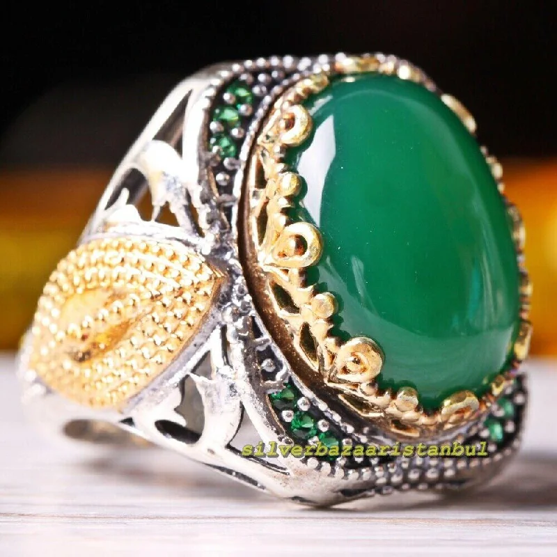 Green Agate Aqeeq and Emerald Stones 925 Sterling Silver Mens Ring