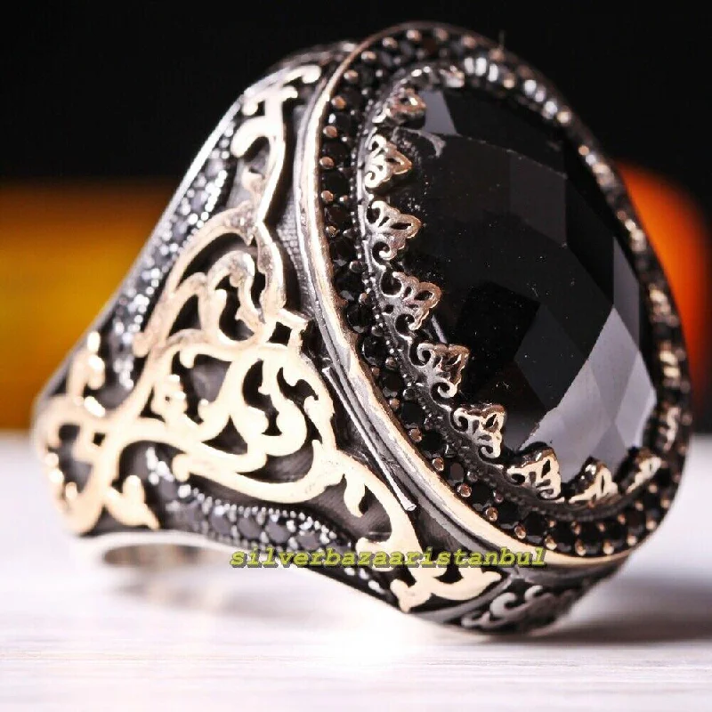 Deep Black Faceted Onyx Stone Handmade 925 Sterling Silver Mens Ring