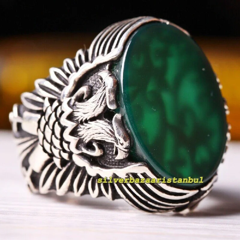 Double Eagle Design Green Agate Stone 925 Sterling Silver Mens Ring