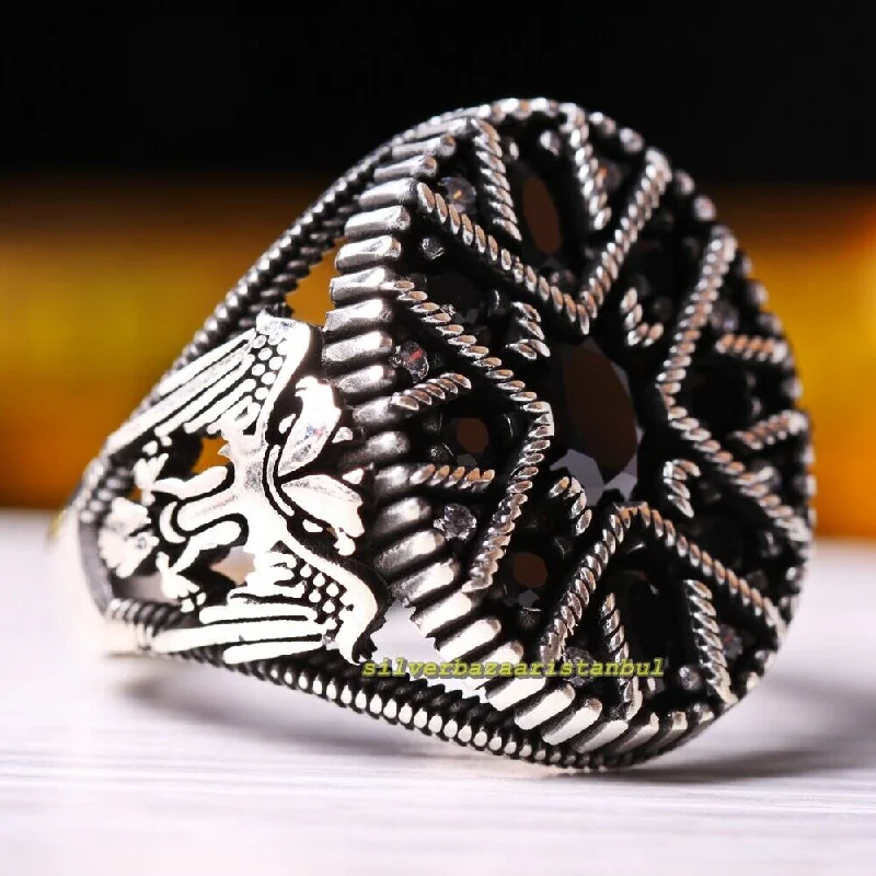 Eagle Design Handmade 925 Sterling Silver Black Onyx Stone Mens Ring