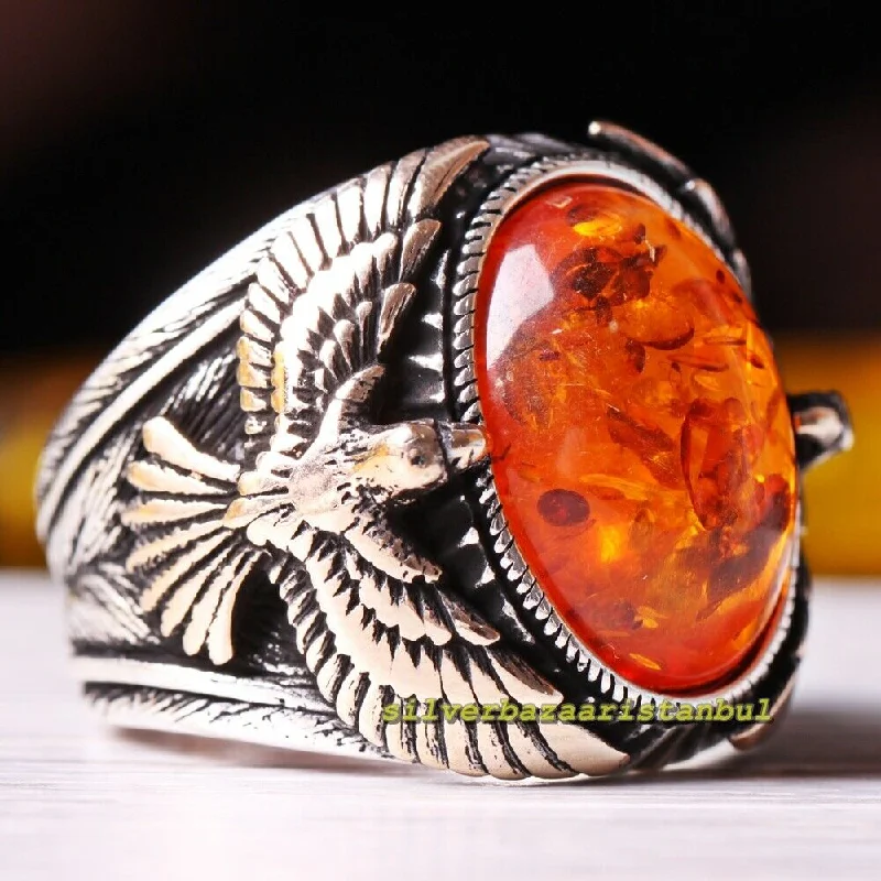 Eagle Style Orange Amber Stone Handmade 925 Sterling Silver Mens Ring