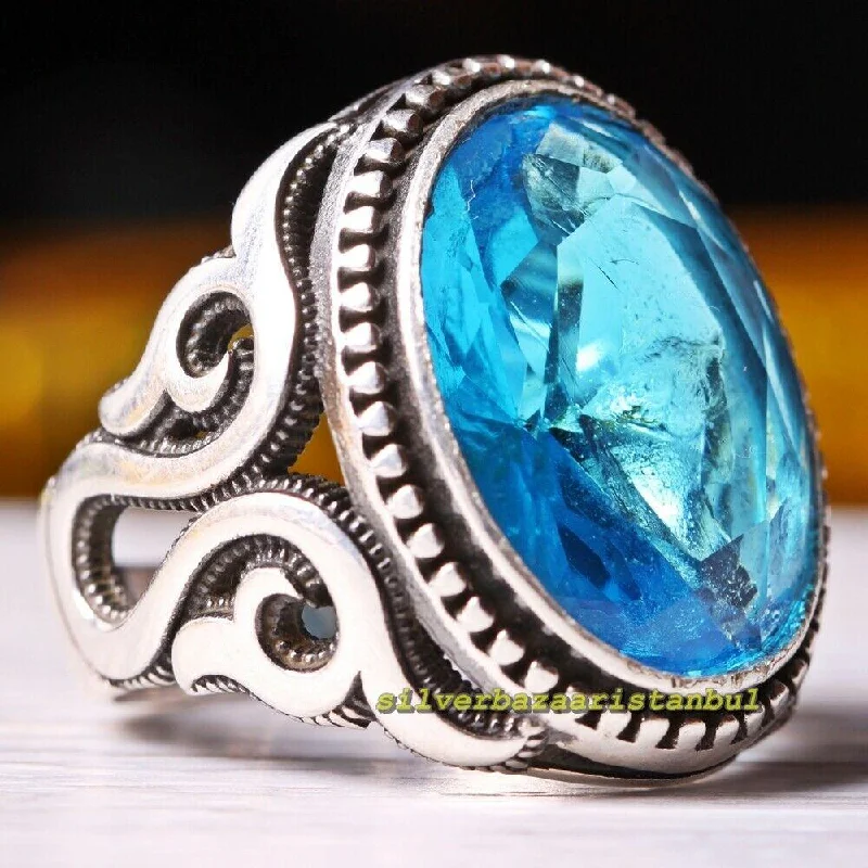 Eagle Wing Aquamarine Stone Handmade 925 Sterling Silver Mens Ring