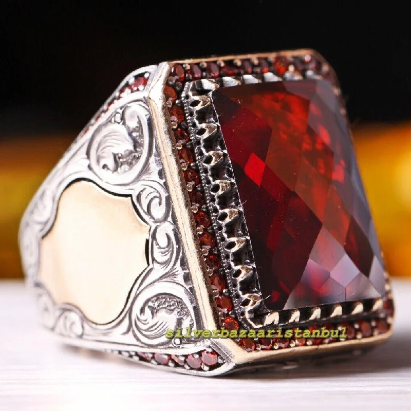 Elegant Ruby and Citrine Stone 925 Sterling Silver Mens Ring