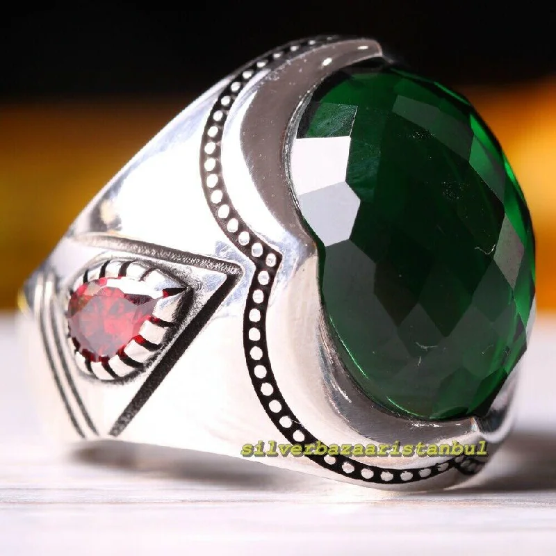 Emerald and Ruby Stone Turkish 925 Sterling Silver Mens Ring