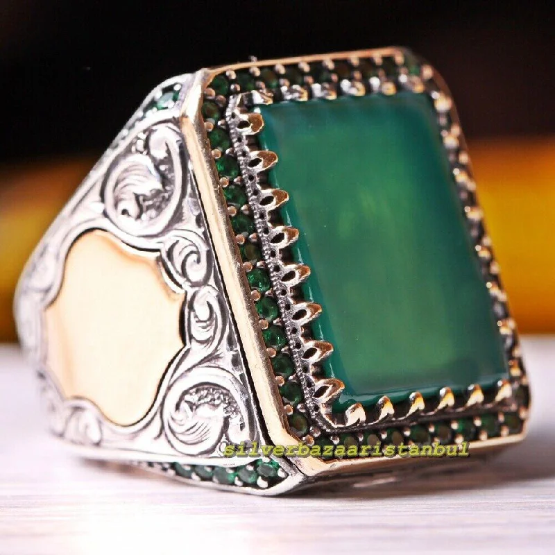 Emerald Stone Turkish Handmade 925 Sterling Silver Ottoman Mens Ring