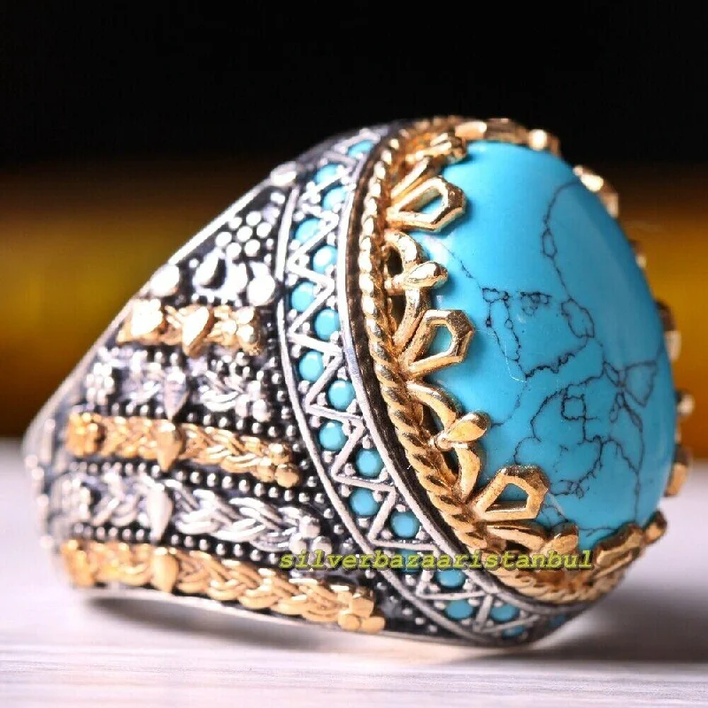 Excellent 925 Sterling Silver Spiral Turquoise Stone Mens Ring