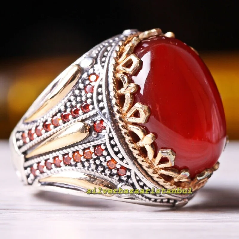 Excellent Red Agate Aqeeq Stone 925 Sterling Silver Mens Ring