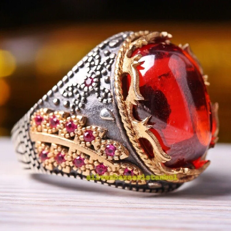 Exclusive 925 Sterling Silver Heavy Ruby Stone Mens Ring