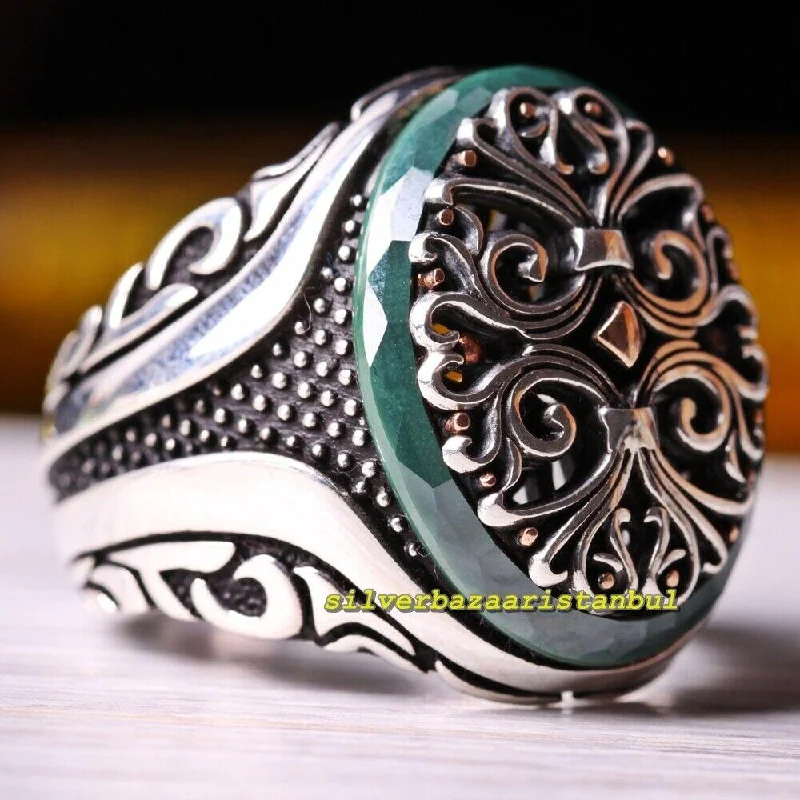 Exclusive Green Emerald Stone 925 Sterling Silver Mens Ring