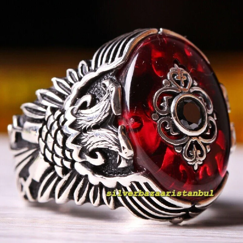 Exclusive Red Ruby Stone Eagle Design 925 Sterling Silver Mens Ring