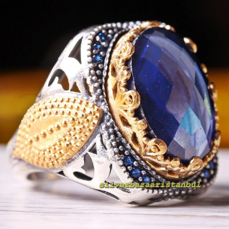 Faceted Small Sapphire Stones 925 Sterling Silver Mens Ring