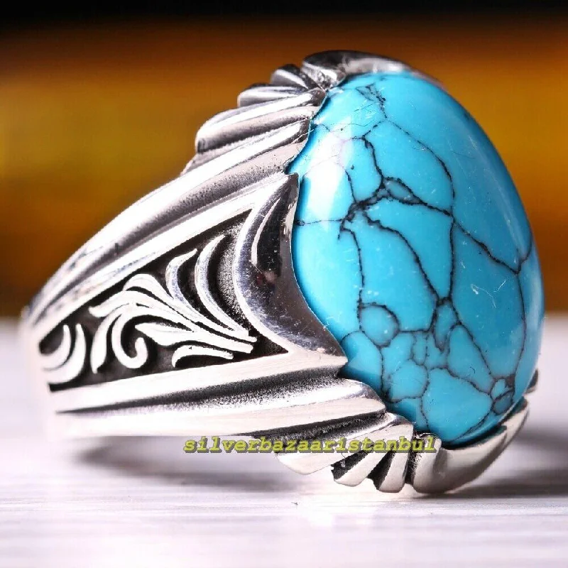 Fantastic Handmade Blue Turquoise 925 Sterling Silver Mens Ring