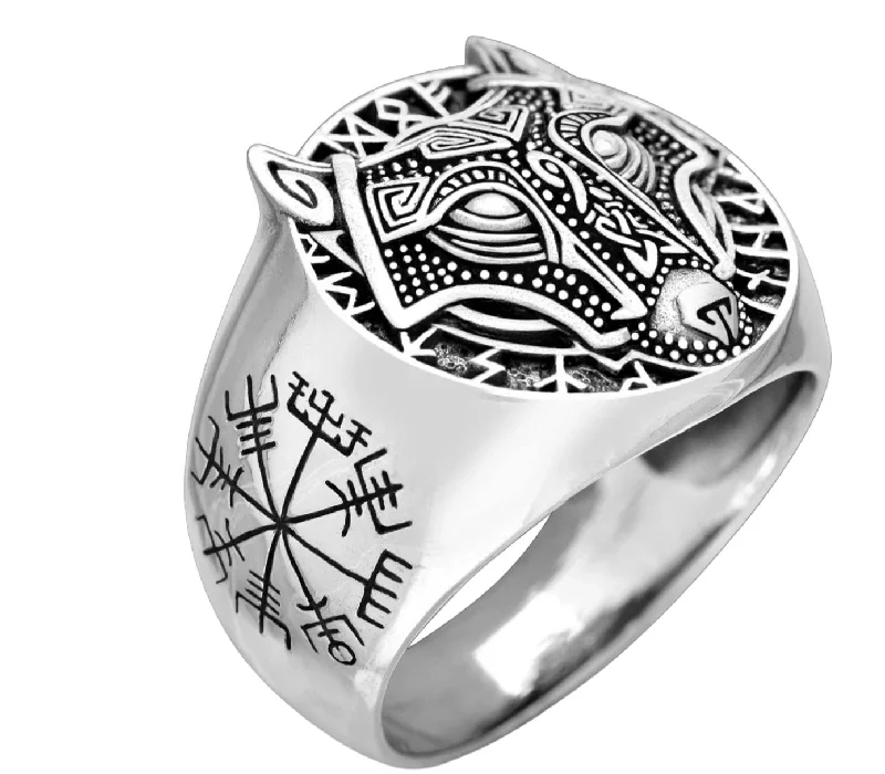 Silver Ring for Men | Viking Fenrir Wolf Skull Ring 925 Sterling Silver Ring for Men