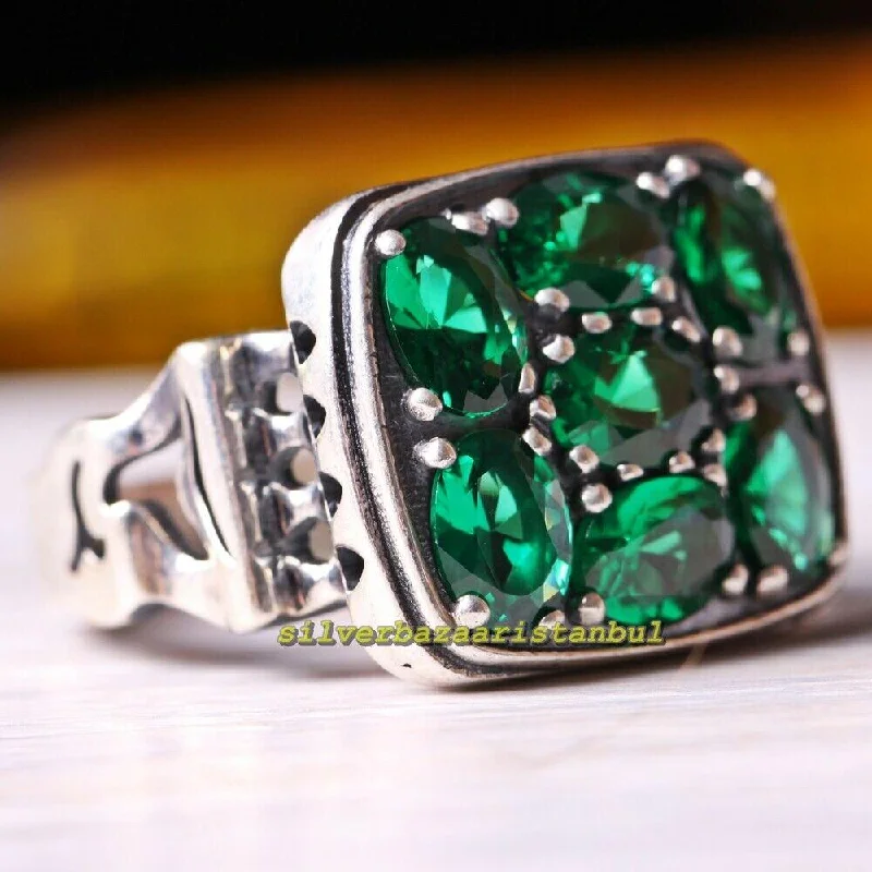 Flashy Multi Emerald Stones 925 Sterling Silver Mens Ring