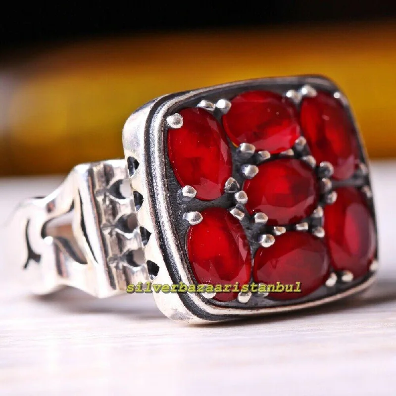 Flashy Multi Red Ruby Stones Nice 925 Sterling Silver Mens Ring