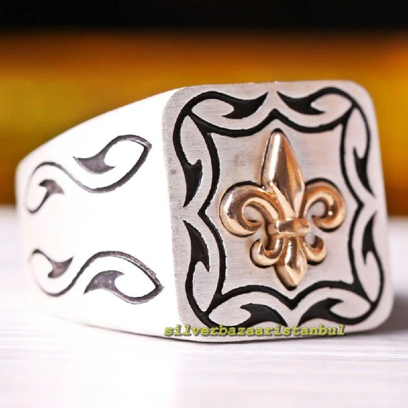 Fleur de lis Handmade 925 Sterling Silver Exclusive Mens Ring