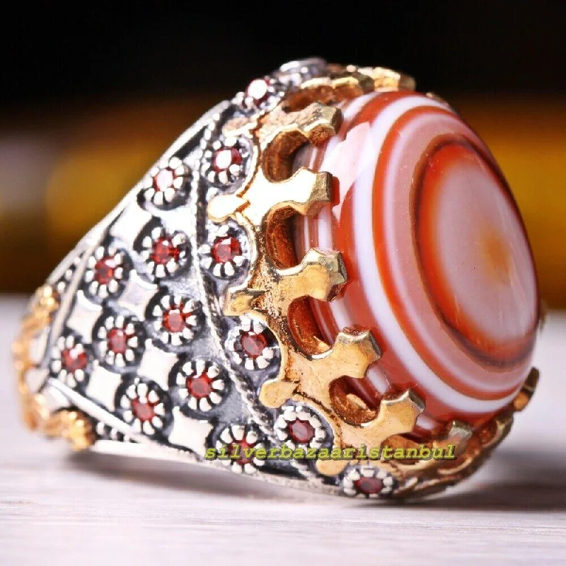 Fresh Yemen Agate Aqeeq and Citrine 925 Sterling Silver Mens Ring