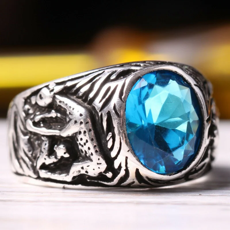 Gazelle Style Bright Aquamarine Stone 925 Sterling Silver Mens Ring